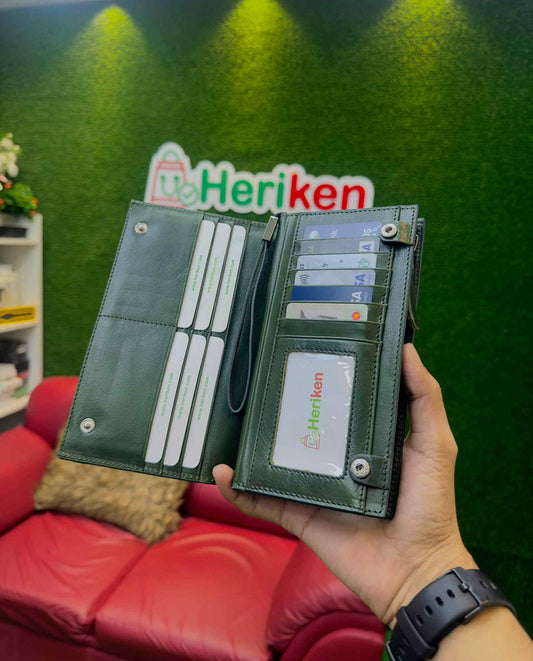 Genuine Leather Stylish Long Wallet (Olive Color)