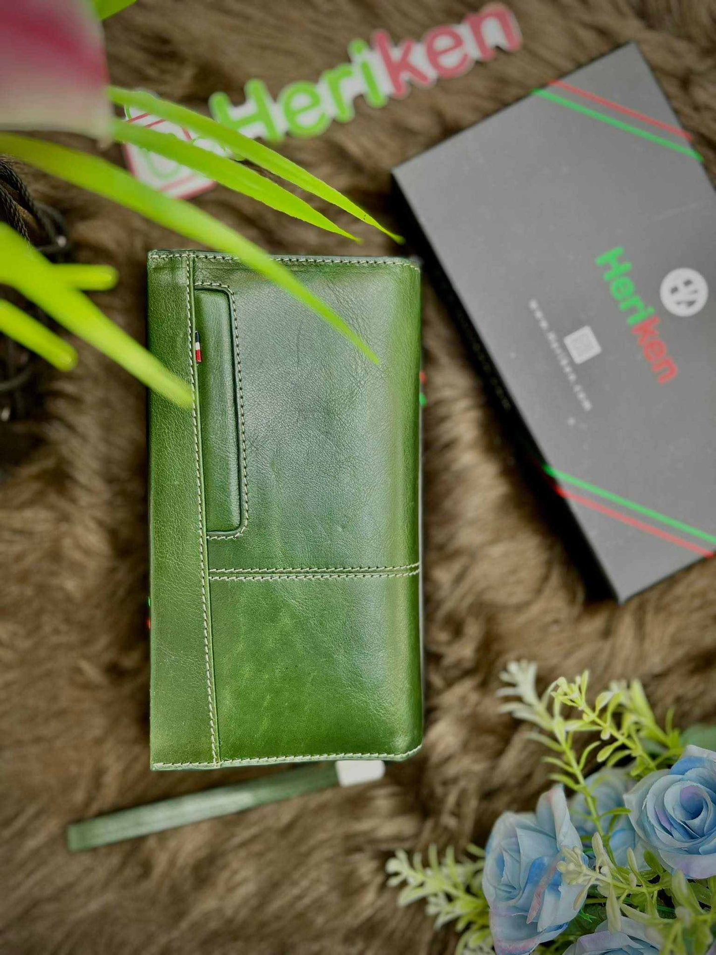 Genuine Leather Stylish Long Wallet (Olive Color)